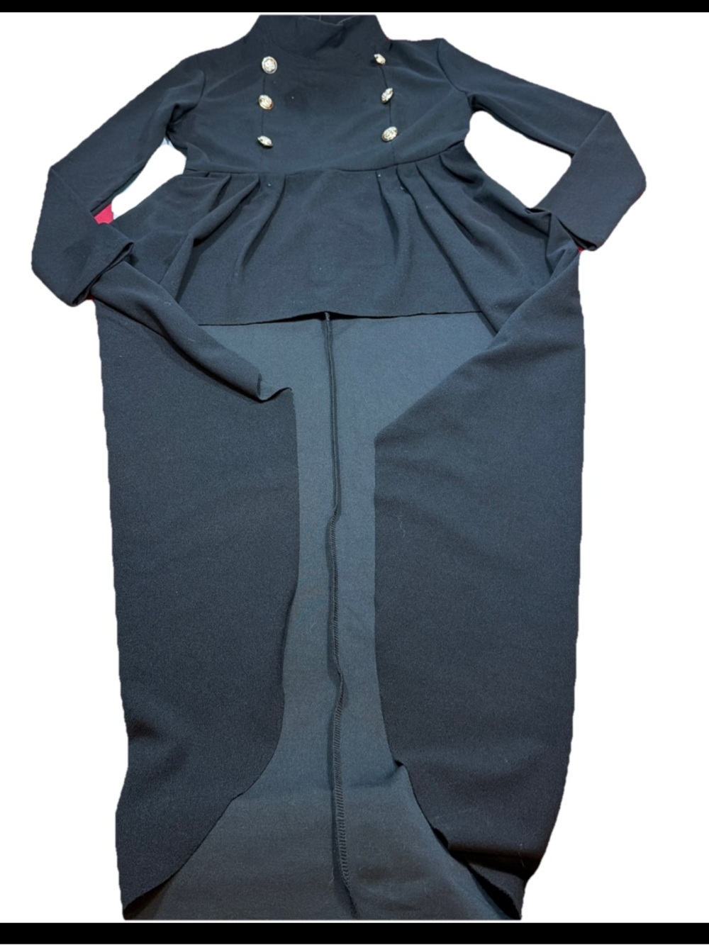 Black Army Style Dress COAT mock Neck Zip Back Gold Military Buttons Long Tail S